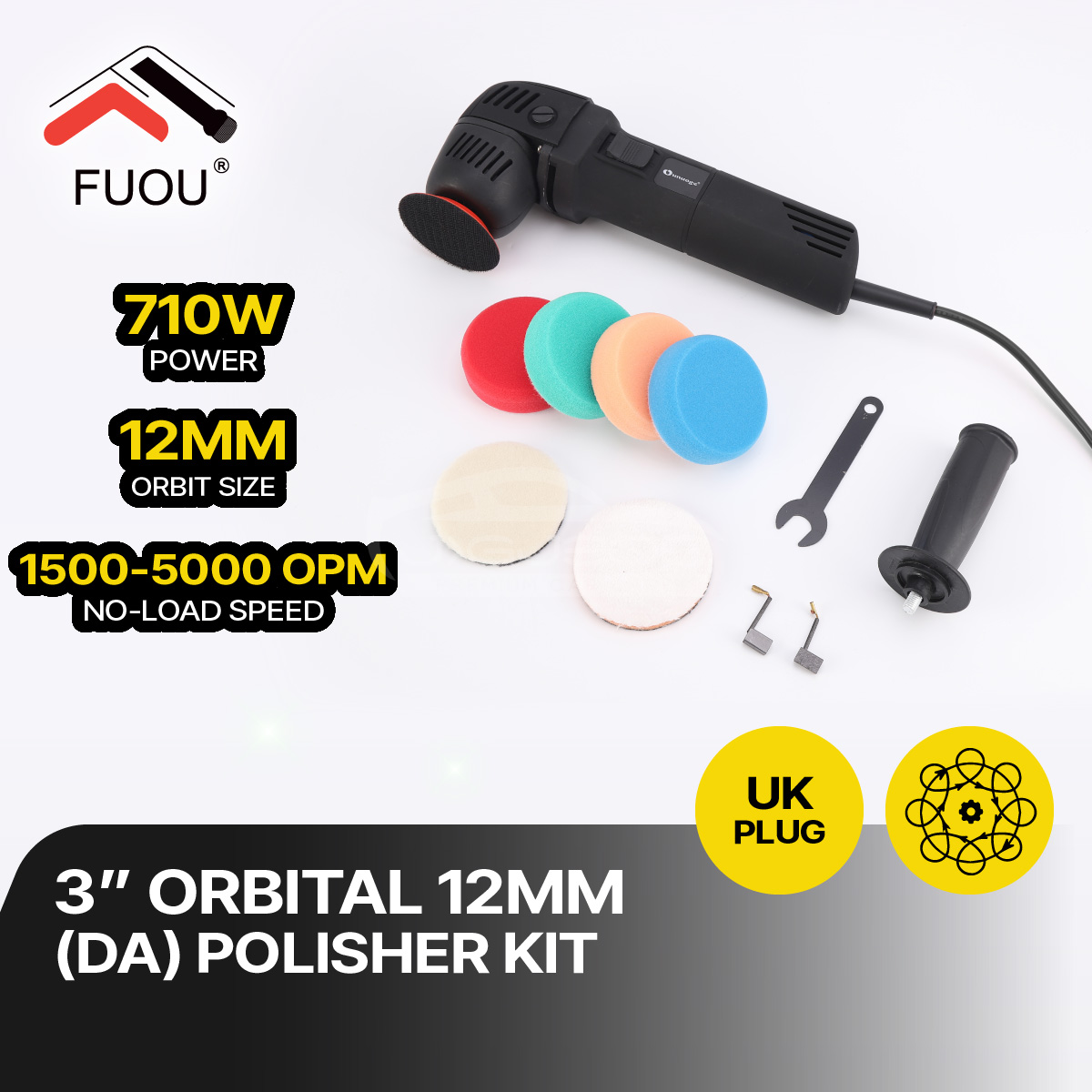 FUOU Orbital 12mm (DA) Polisher Kit *7pcs (Pad Size 3") Buffer Orbital Car Polisher Auto Detailing Tool Car Motorcycle
