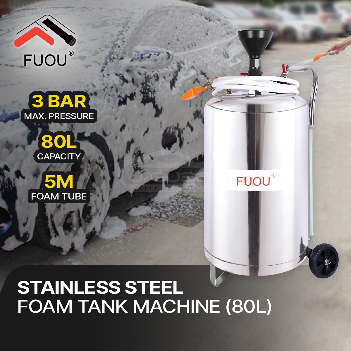 FUOU Stainless Steel Snow Foam Tank Machine [80L] Professional Car Wash Bubble Machine Tangki Mesin