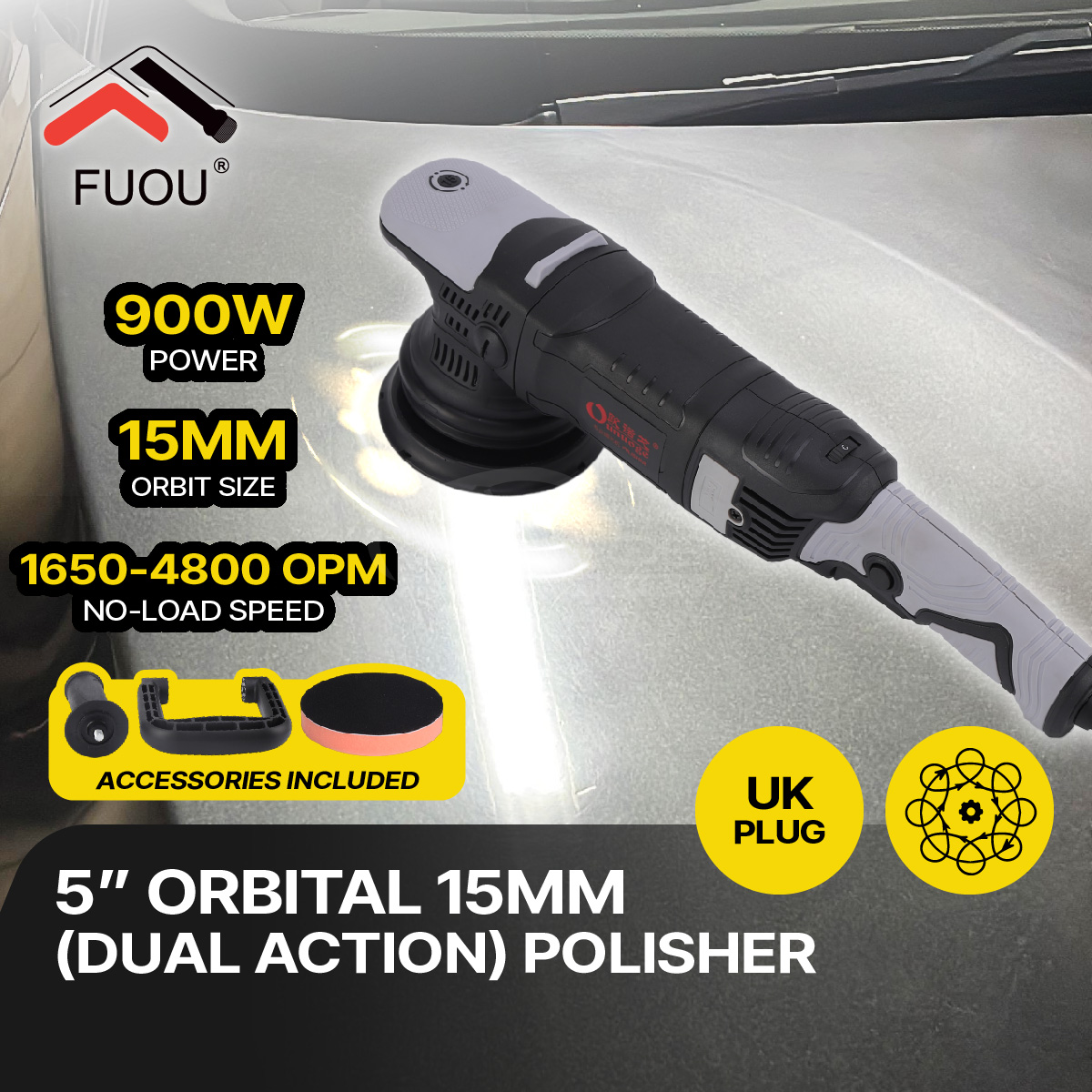 FUOU G2 Ordinary Rotary Polisher Electric RO Buffer Polisher Professional DIY Car Detailer Polishing Machine (5"/ 125mm)