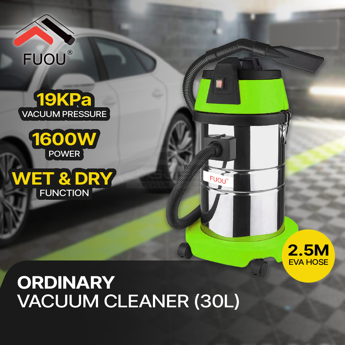 FUOU 1600W Ordinary Vacuum Cleaner (30L) Pro Stainless Steel Series Workshop Heavy Duty Wet & Dry Carwash Home Use