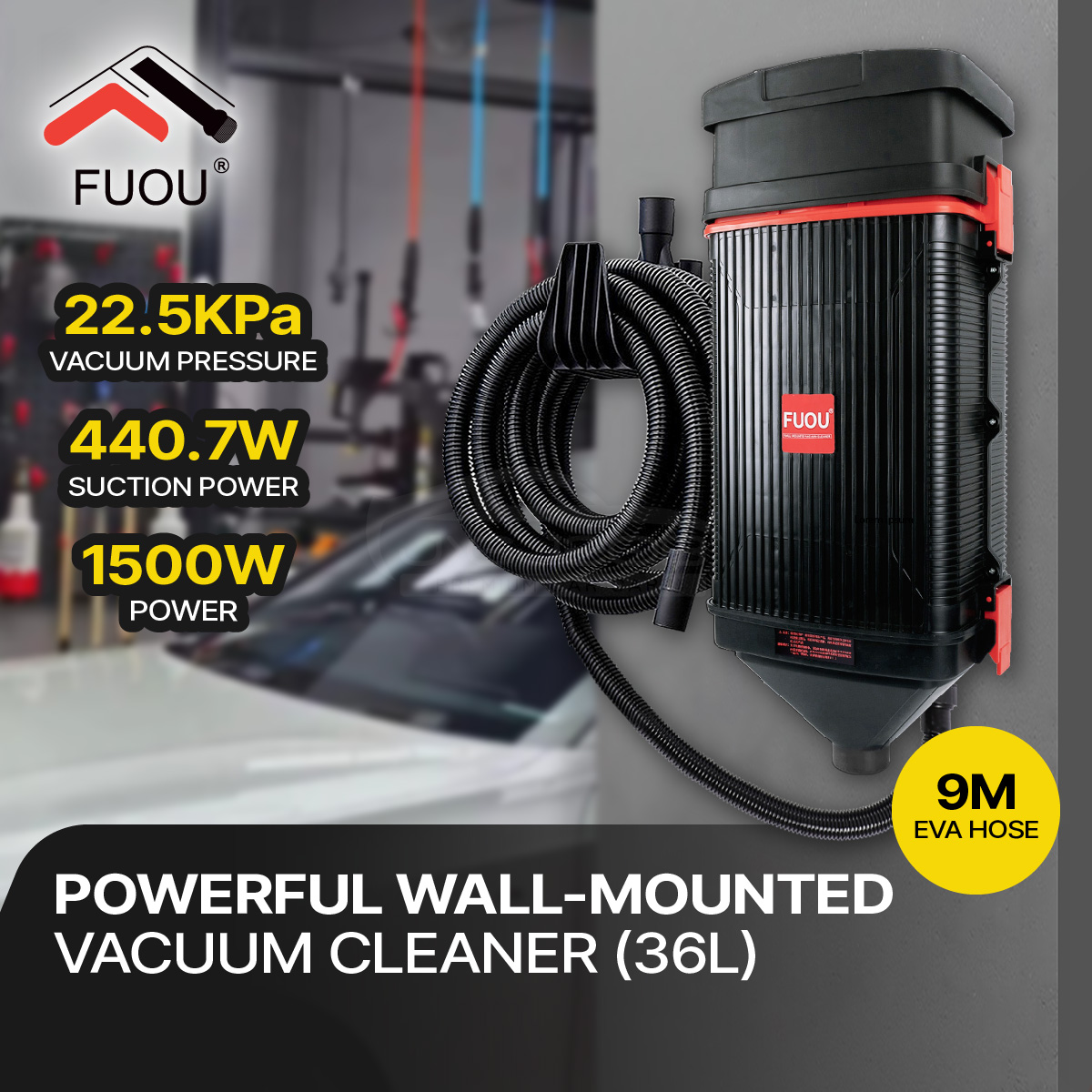 FUOU 1500W Wall-Mounted Vacuum Cleaner (36L) Save Space Workshop Heavy Duty Wet & Dry Carwash Home Use Vacuum