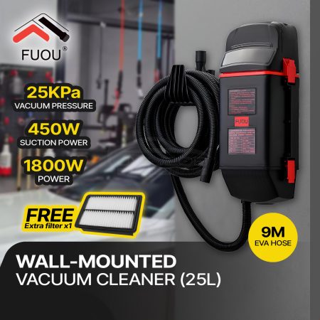 FUOU 1800W Wall-Mounted Vacuum Cleaner (25L) Save Space Workshop Heavy Duty Wet & Dry Carwash Home Use Vacuum Cleaner