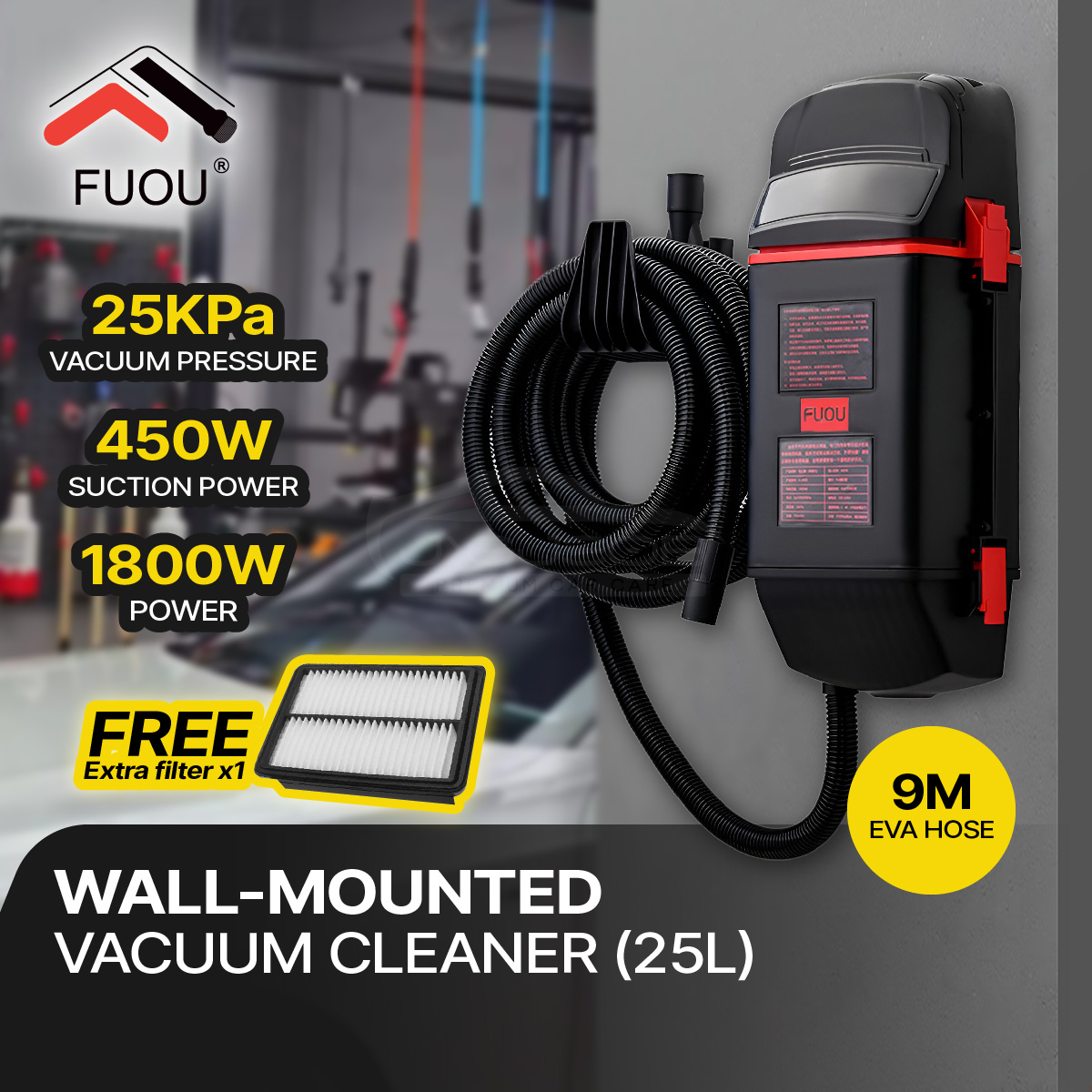 FUOU 1800W Wall-Mounted Vacuum Cleaner (25L) Save Space Workshop Heavy Duty Wet & Dry Carwash Home Use Vacuum Cleaner